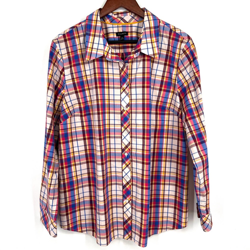 Talbots Womens Sz XL Vibrant Plaid Long Sleeve Blouse Shirt Top Business Formal - Picture 1 of 8